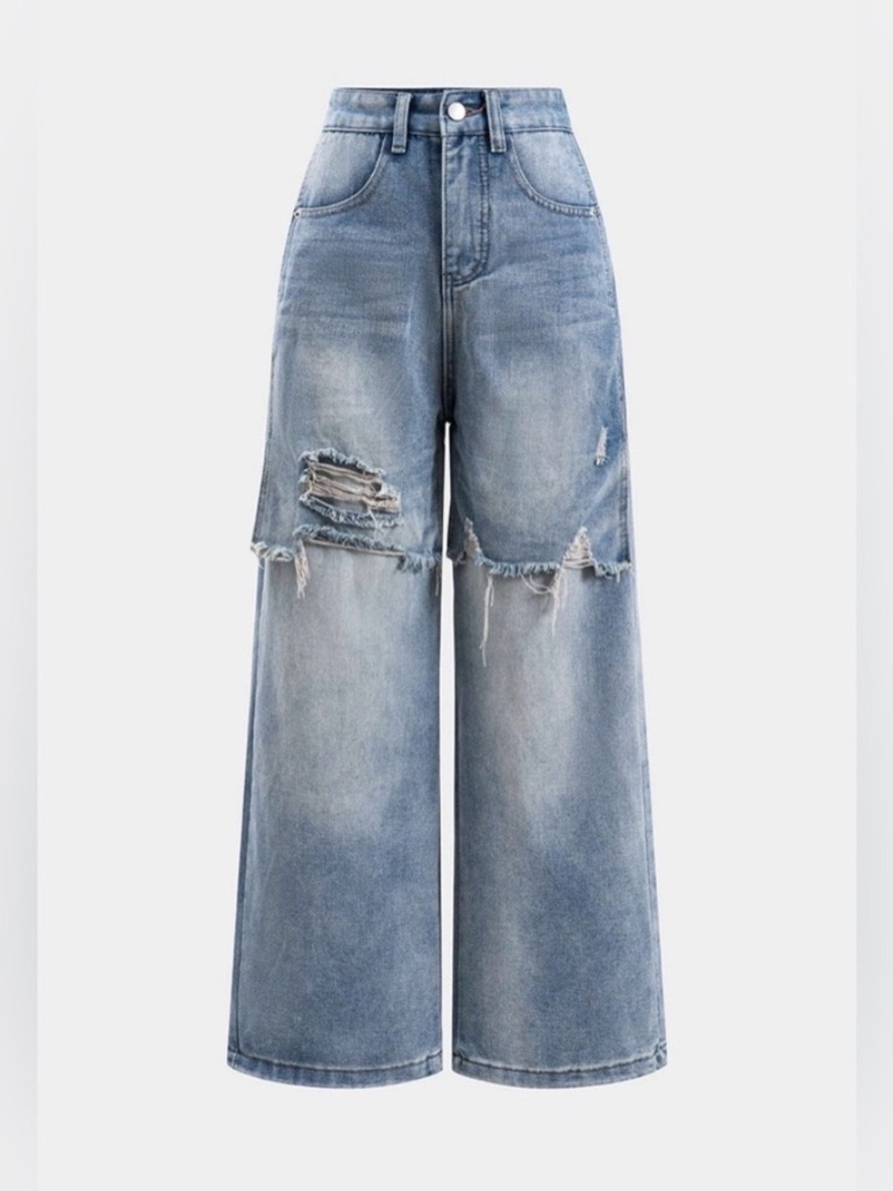 Distressed High-Rise Wide Leg Jeans in Light Blue